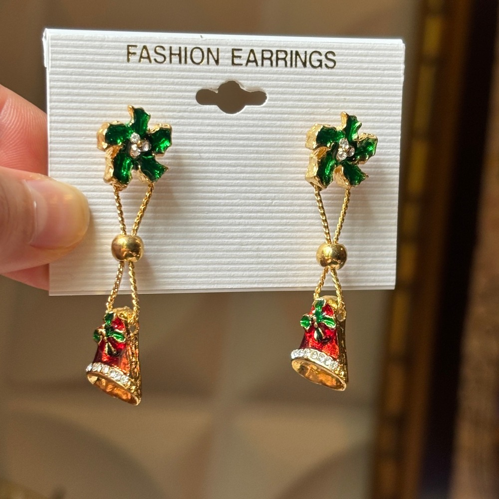 Vintage Christmas Holly & Bell Enamel Drop Earrings Gold Tone Rhinestone